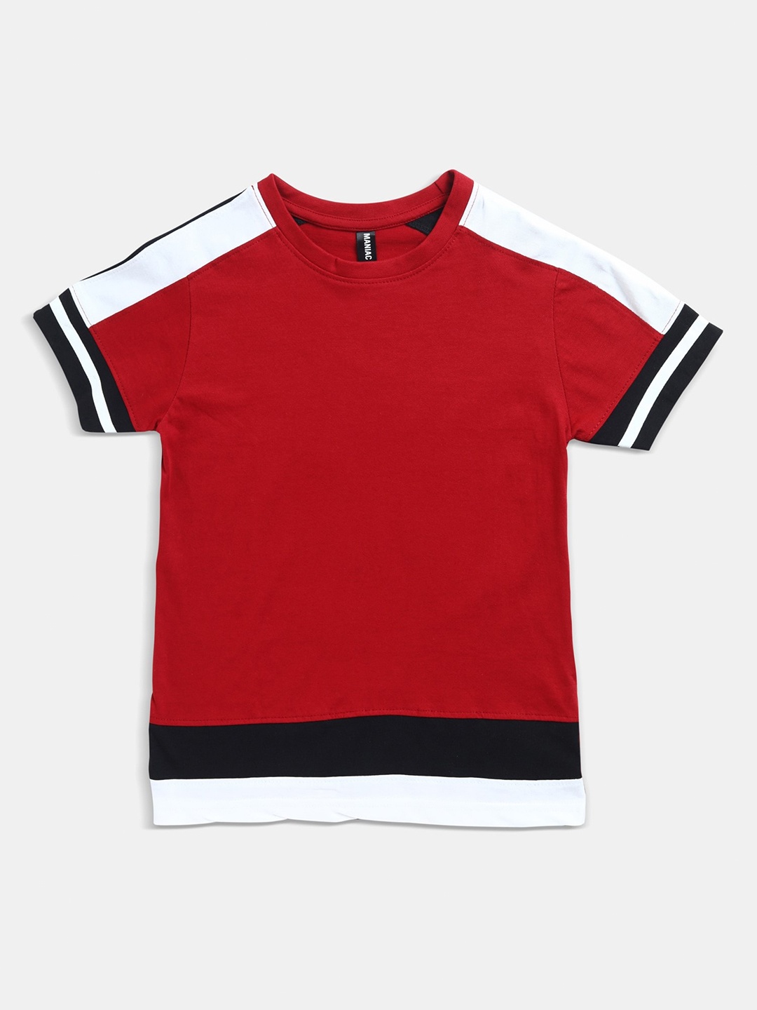 

Maniac Boys Red Colourblocked V-Neck Slim Fit T-shirt