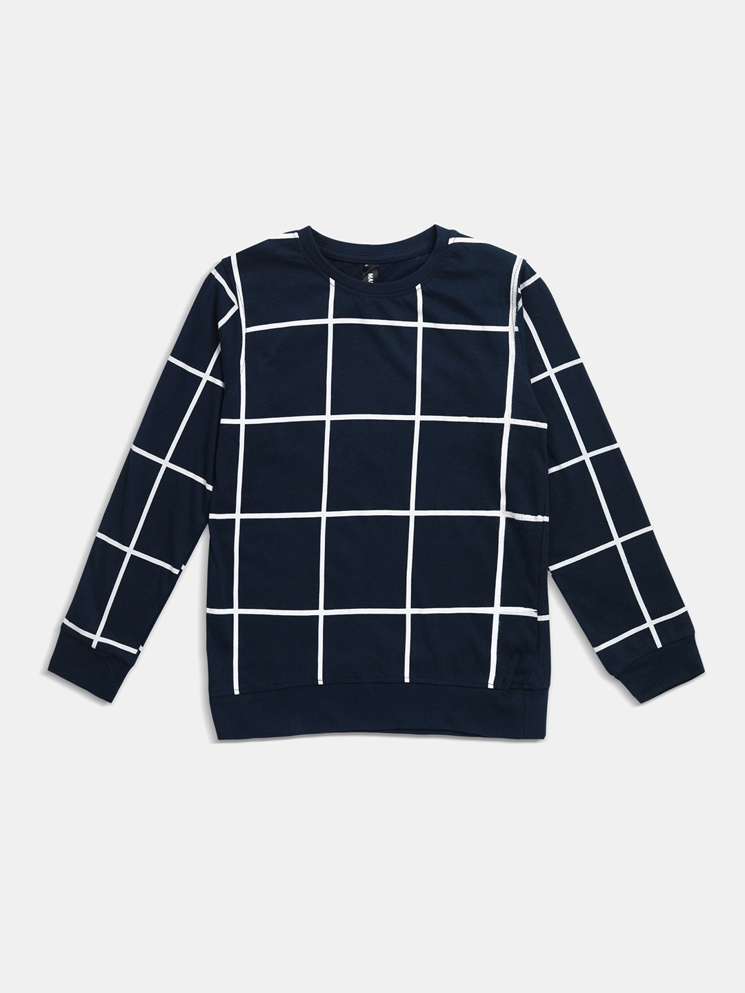 

Maniac Boys Navy Blue White Checked Slim Fit Pure Cotton T-shirt