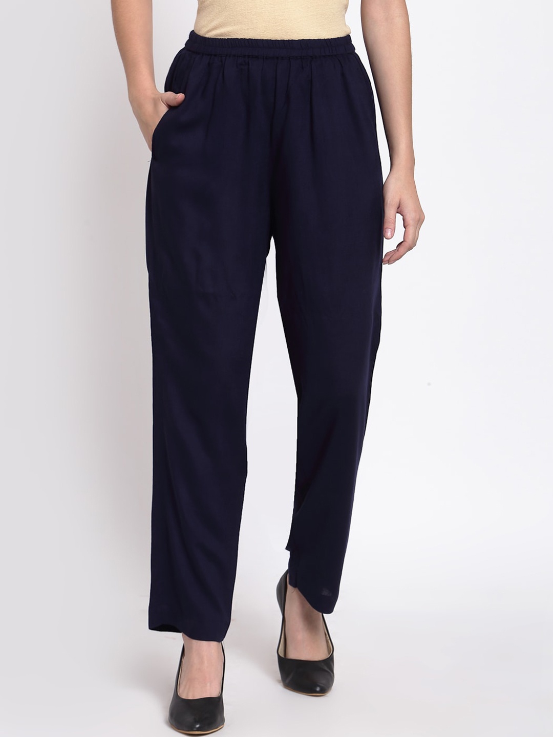 

Just Wow Women Navy Blue Loose Fit Pleated Trousers