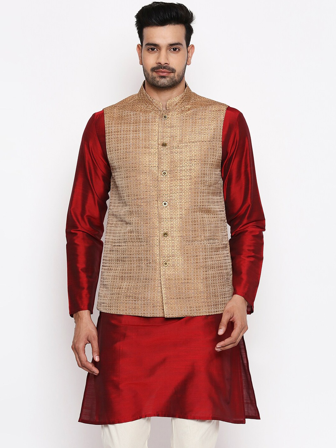 

indus route by Pantaloons Men Brown & Gold-Coloured Printed Nehru Jacket