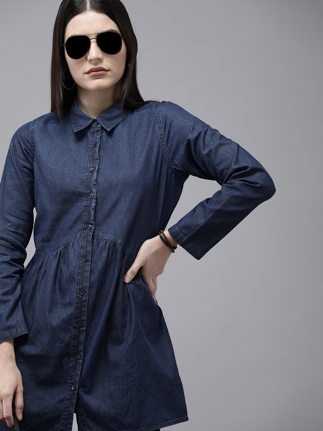 

Roadster Navy Blue Solid Mini Pure Cotton Denim Shirt Dress
