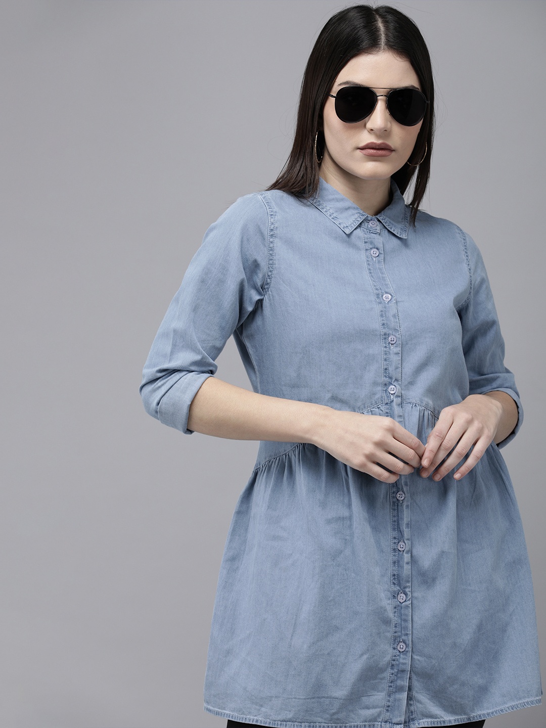 

Roadster Blue Solid Mini Pure Cotton Denim Shirt Dress