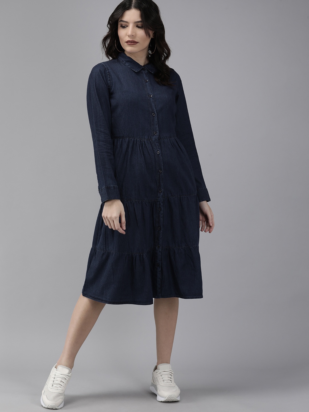 

Roadster Navy Blue Solid Tiered Pure Cotton Denim A-Line Dress