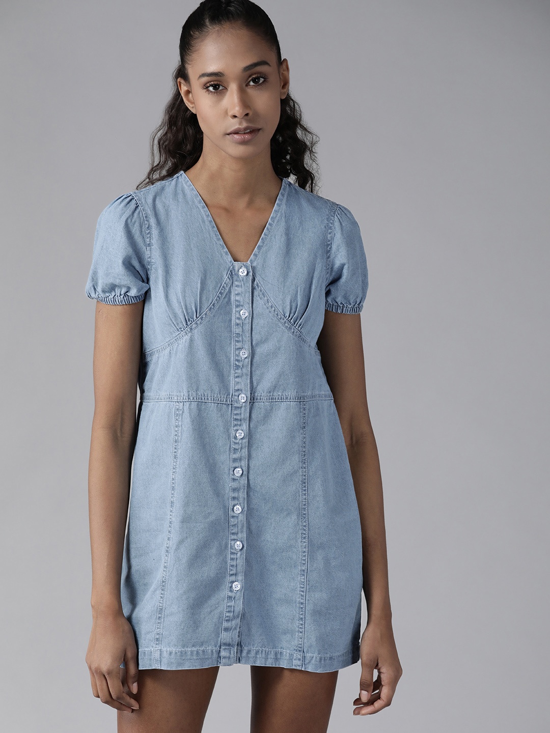 

Roadster Women Blue Pure Solid Denim Dress