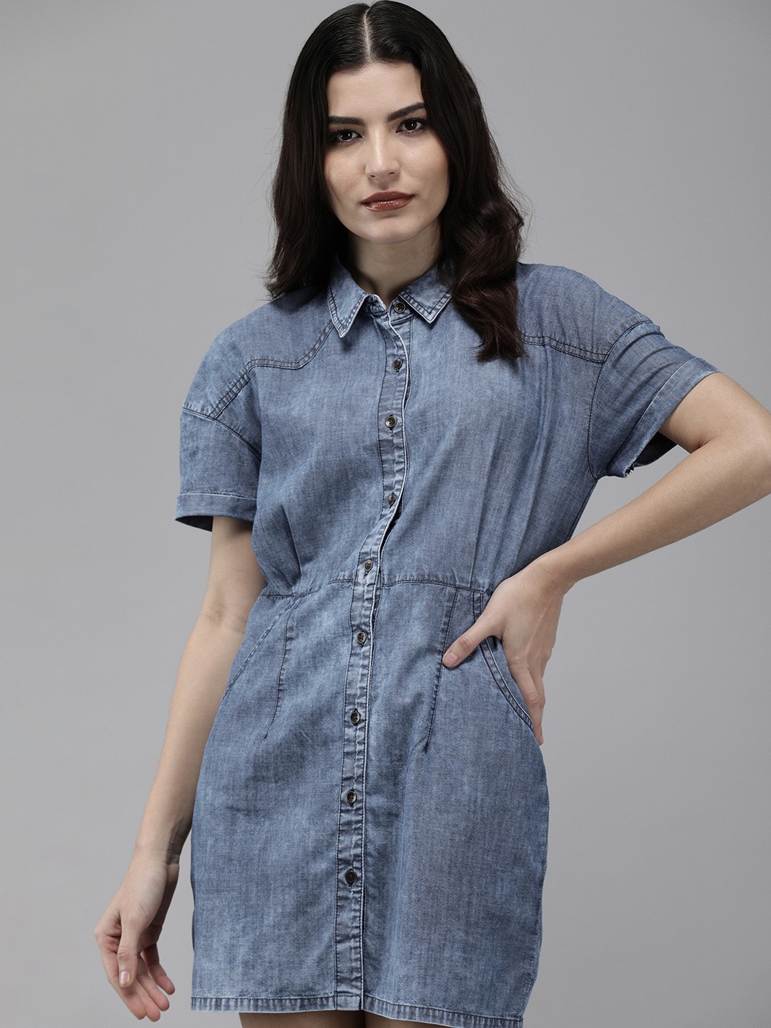 

Roadster Blue Solid Pure Cotton Denim Shirt Mini Dress