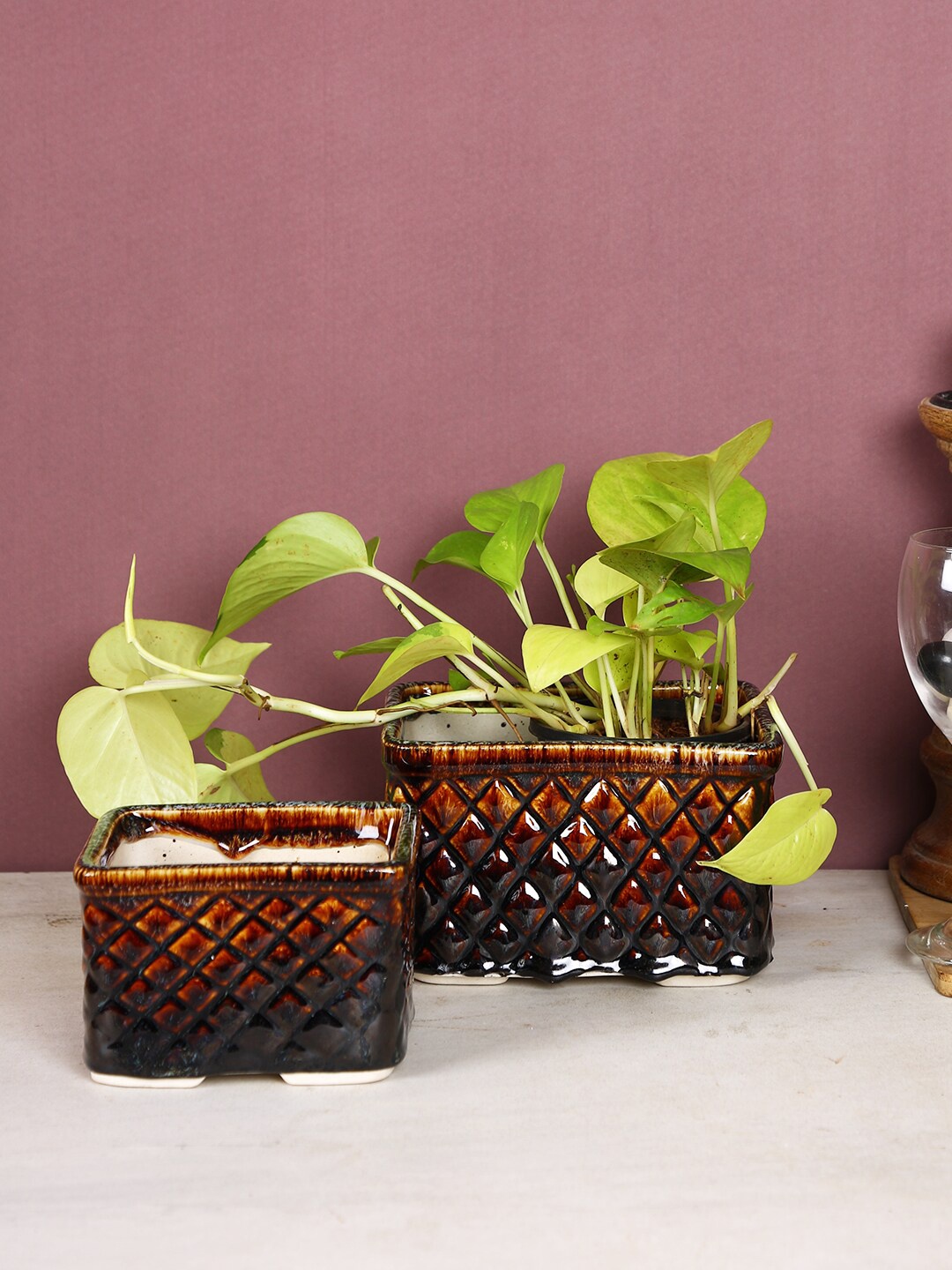 

Aapno Rajasthan Set Of 2 Brown & Black Textured Ceramic Box-Shaped Planters