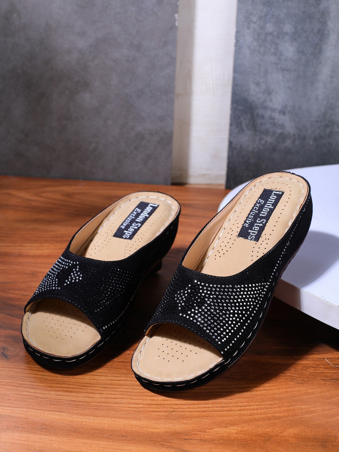 

LONDON STEPS Black & Brown Embellished Wedge Mules