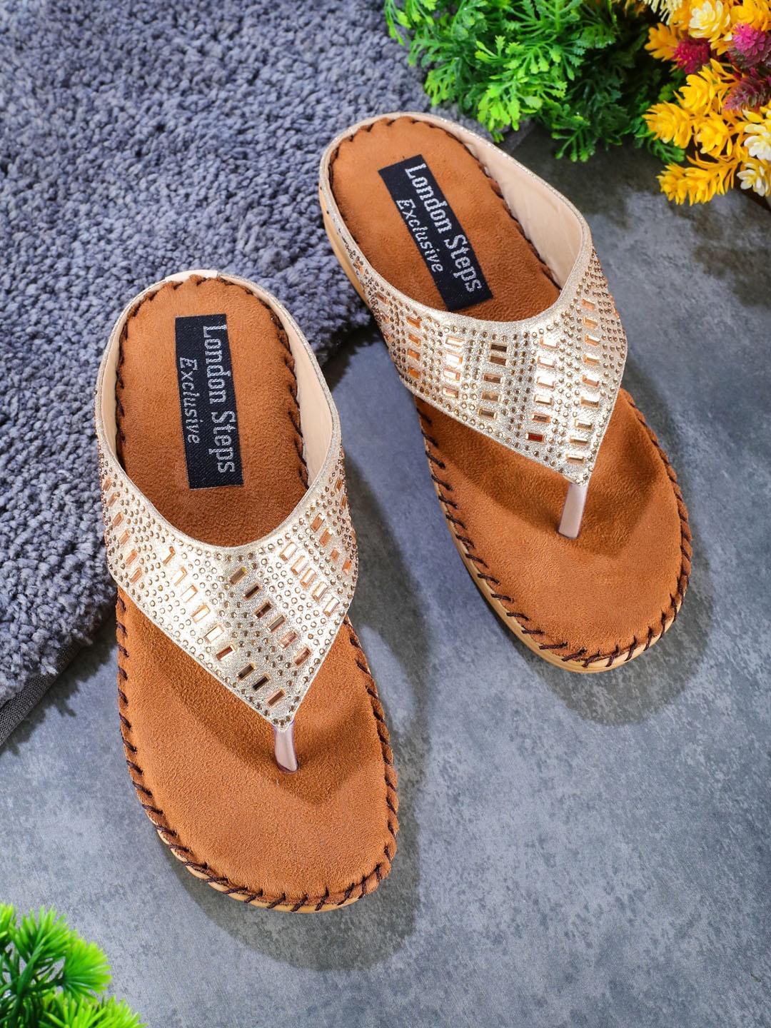 

LONDON STEPS Women Gold-Toned Embellished Comfort Sandals