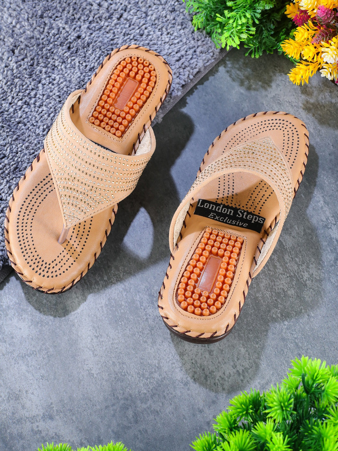 

LONDON STEPS Women Beige Embellished Thong Flip-Flops