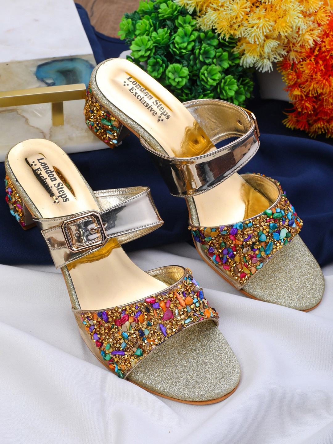 

LONDON STEPS Gold-Toned & Beige Embellished Party Block Pumps