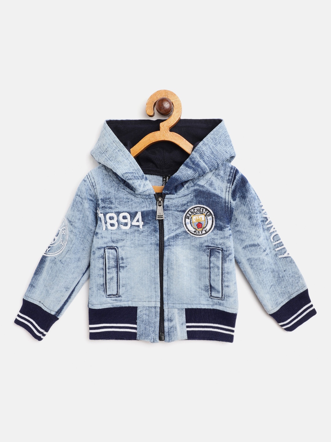 

GAME BEGINS Boys Blue Cotton Washed Hooded Bomber Denim Jacket with Patchwork