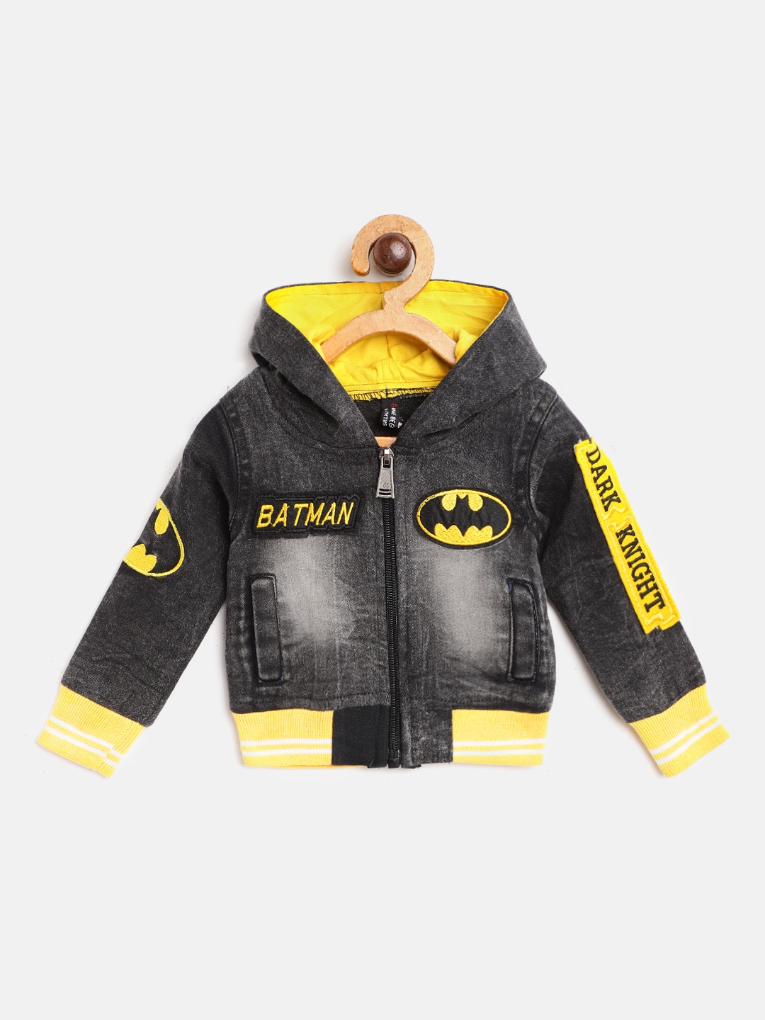 

GAME BEGINS Boys Charcoal Grey Cotton Washed Hooded Bomber Denim Jacket with Patchwork
