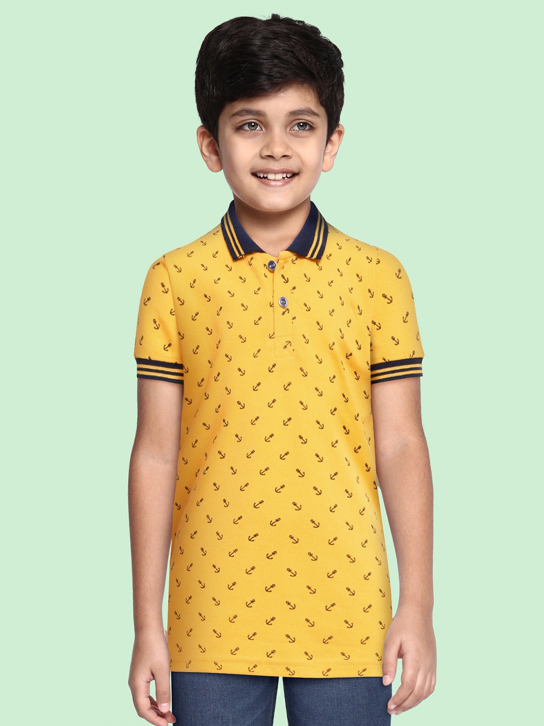 

GAME BEGINS Boys Mustard Yellow Printed Polo Collar Pure Cotton T-shirt