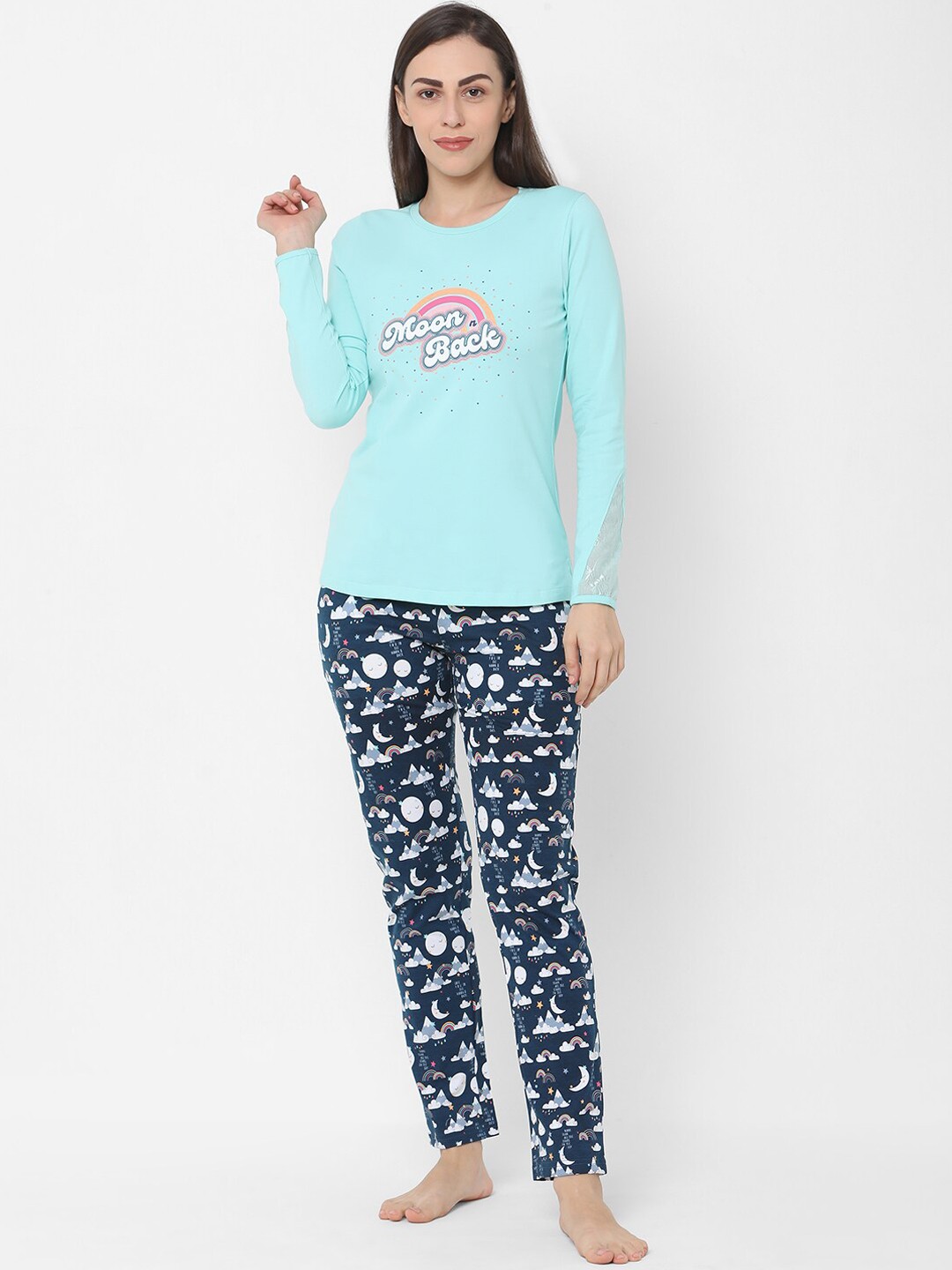

Sweet Dreams Women Turquoise Blue & Navy Blue Printed Night suit