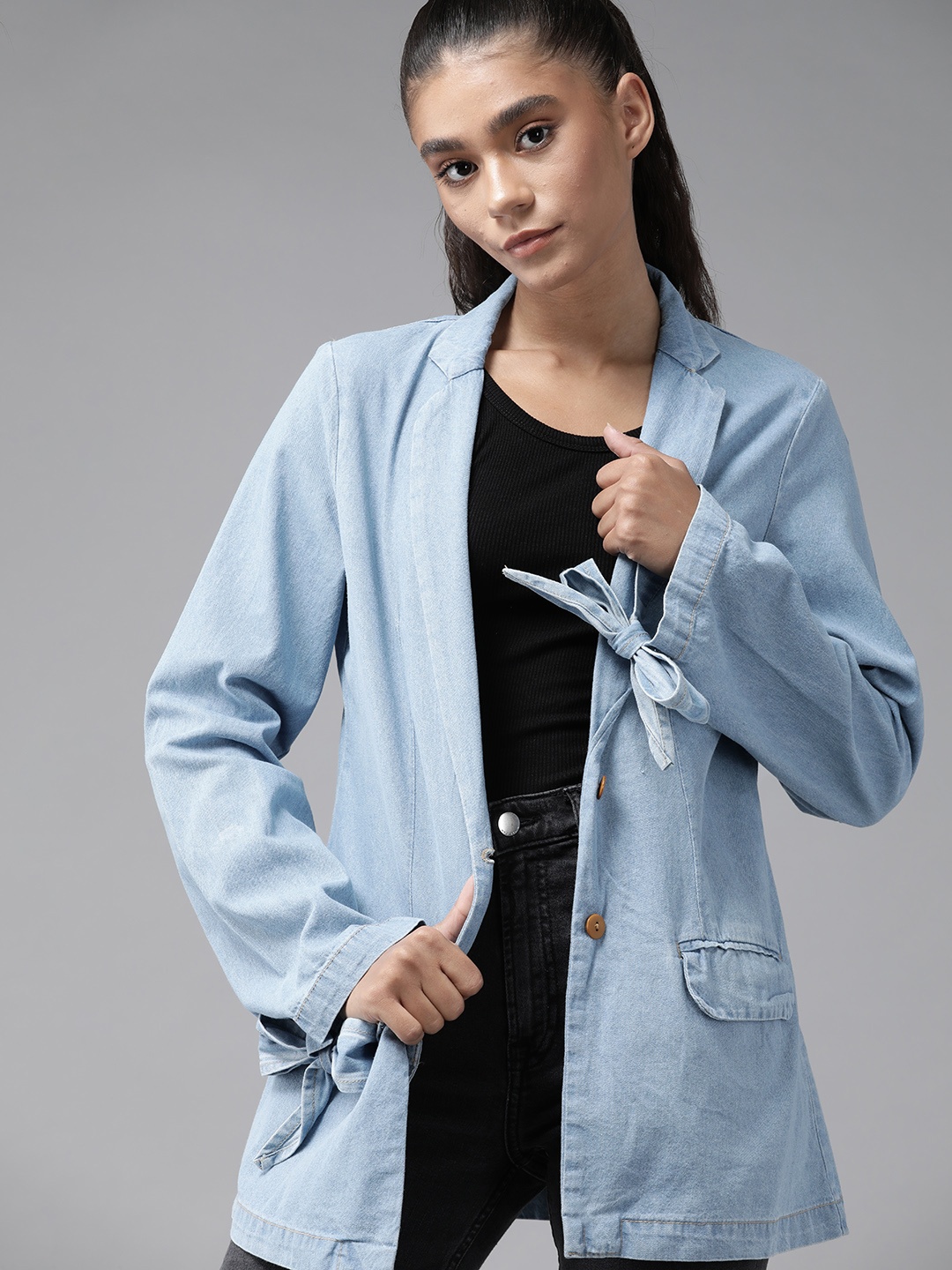 

Roadster Women Blue Solid Denim Longline Casual Blazer