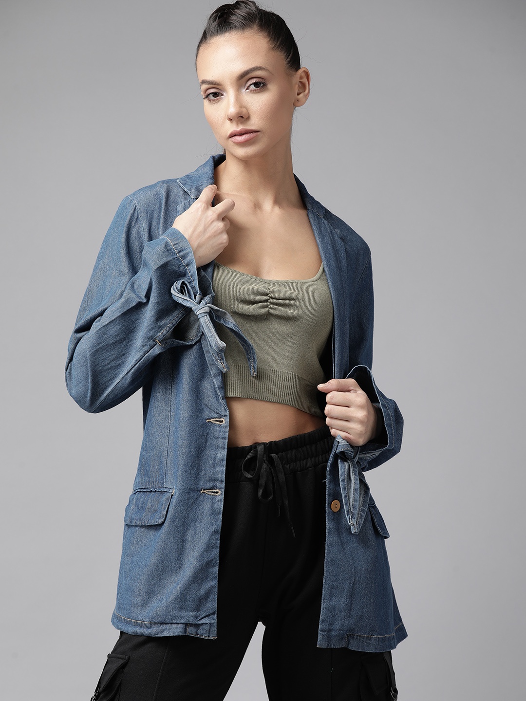 

Roadster Women Blue Solid Pure Cotton Denim Jacket