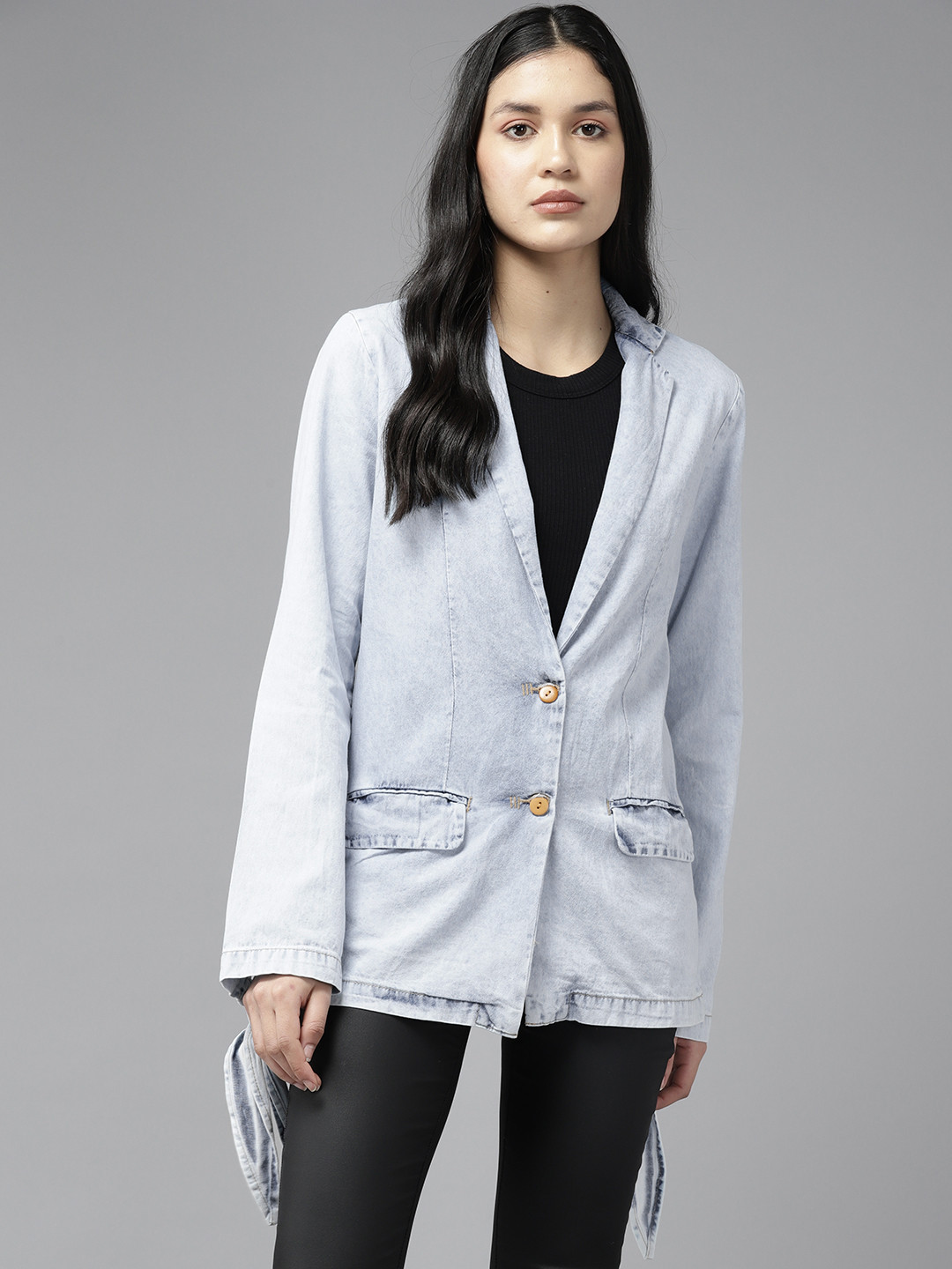 

The Roadster Lifestyle Co. Women Notched Lapel Tie-Up Detail Pure Cotton Chambray Jacket, Blue