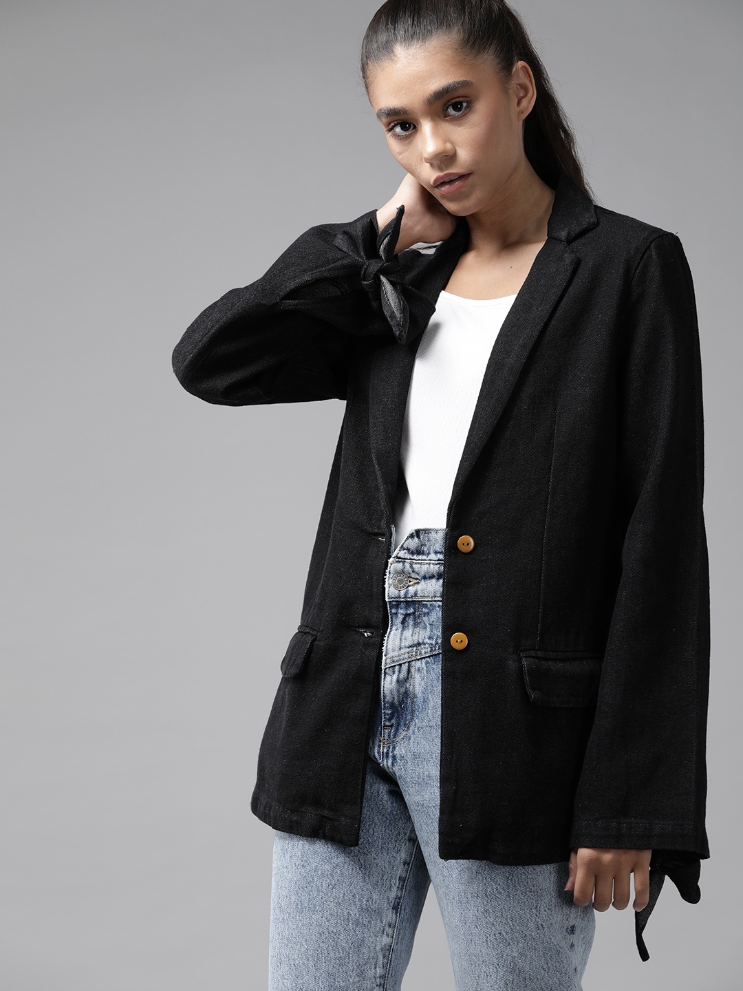 

Roadster Women Black Pure Cotton Solid Denim Longline Casual Blazer