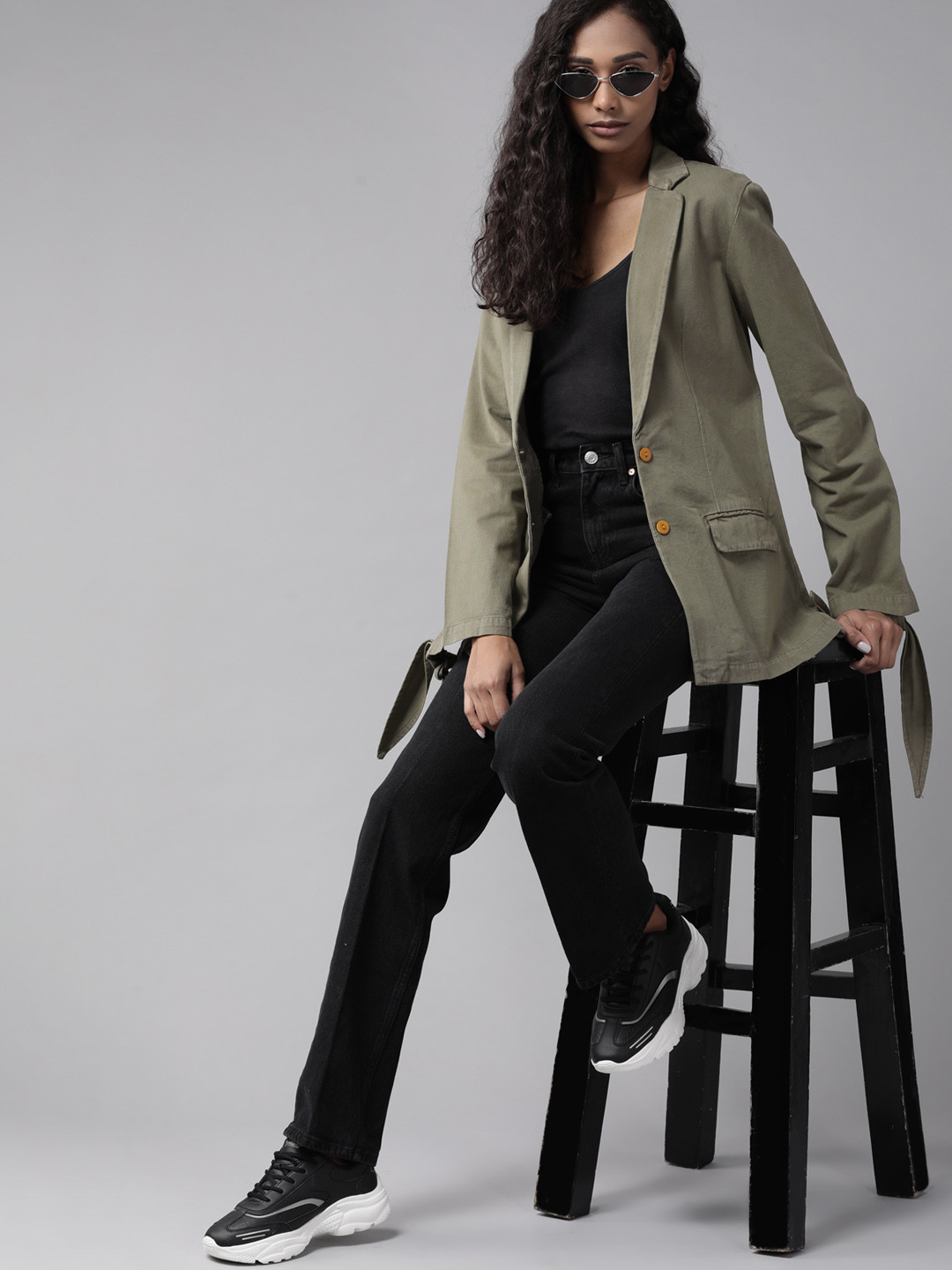 

Roadster Women Olive Green Solid Pure Cotton Denim Jacket