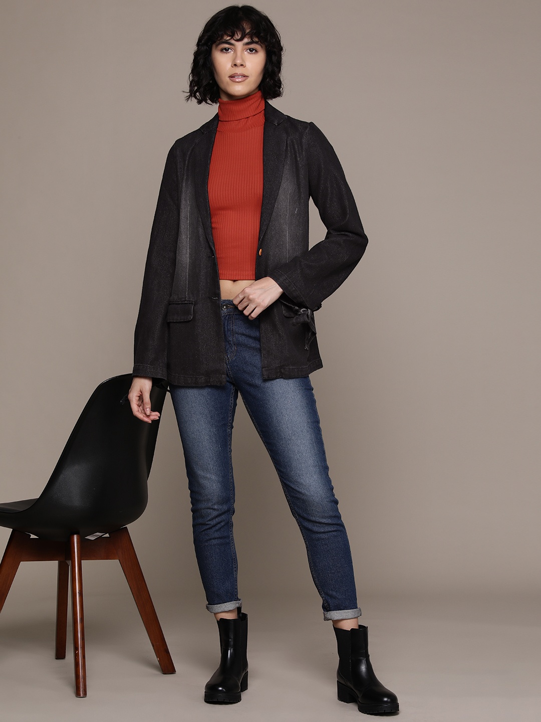 

The Roadster Lifestyle Co. Notched Lapel Collar Longline Pure Cotton Denim Jacket, Black