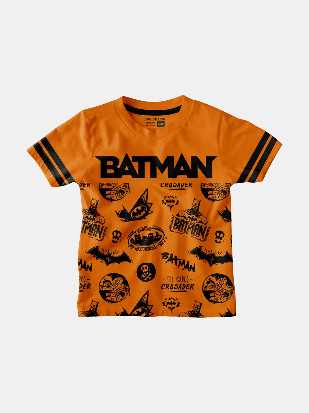 

BonOrganik Boys Orange & Black Batman Printed Cotton T-shirt