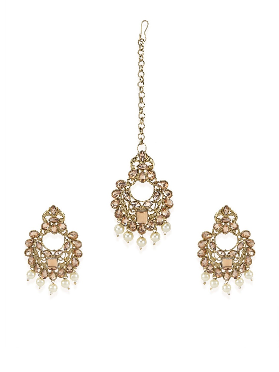 

ANIKAS CREATION Women Gold-Plated Floral Kundan Pearl Earring Maagtika Set