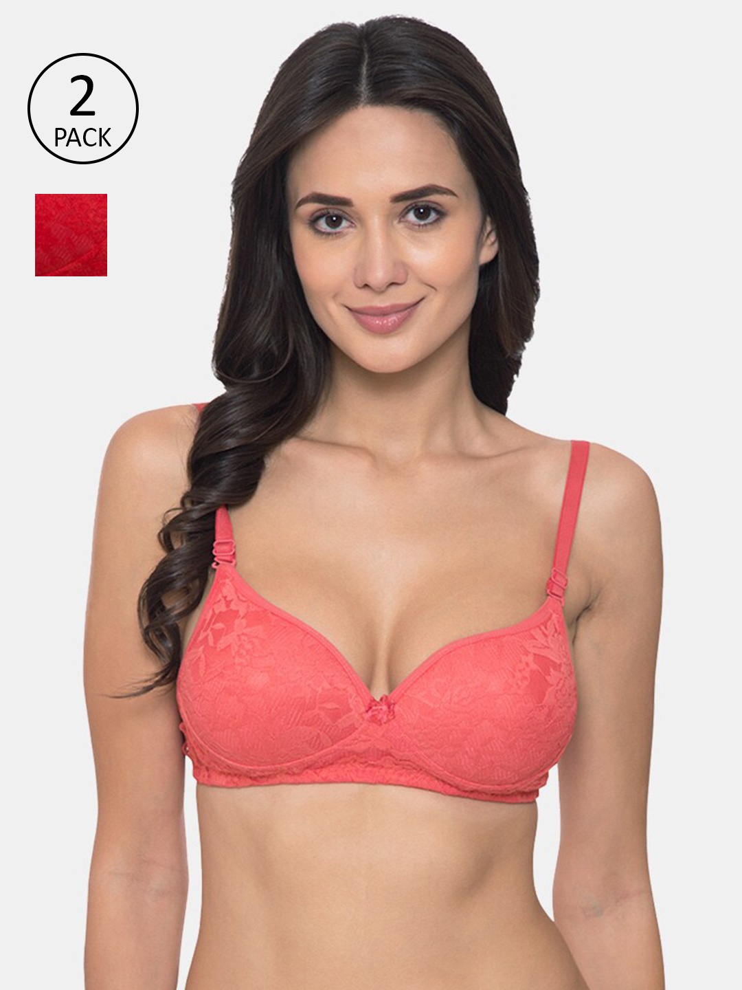 

KOMLI Pack of 2 Coral & Red Floral Heavily Padded T-shirt Bras