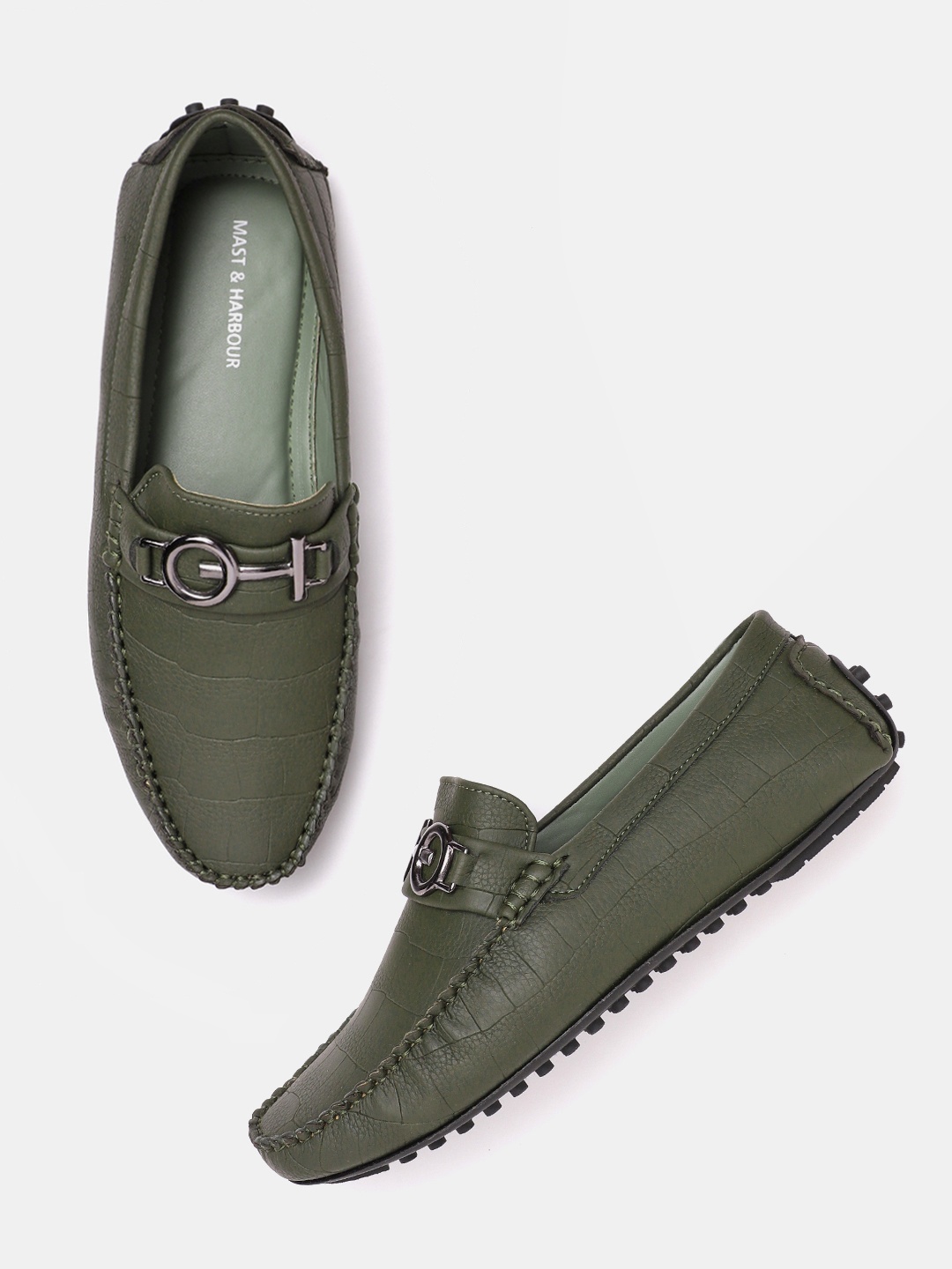 

Mast & Harbour Men Olive Green Croc Textured Driving Shoes