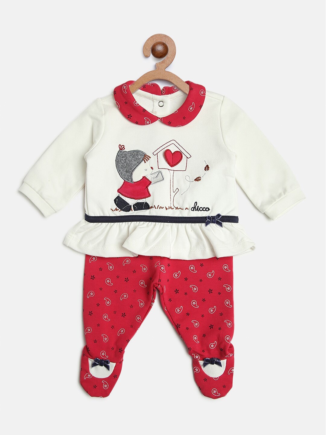 

Chicco Girls White & Red Printed Top with Pyjamas