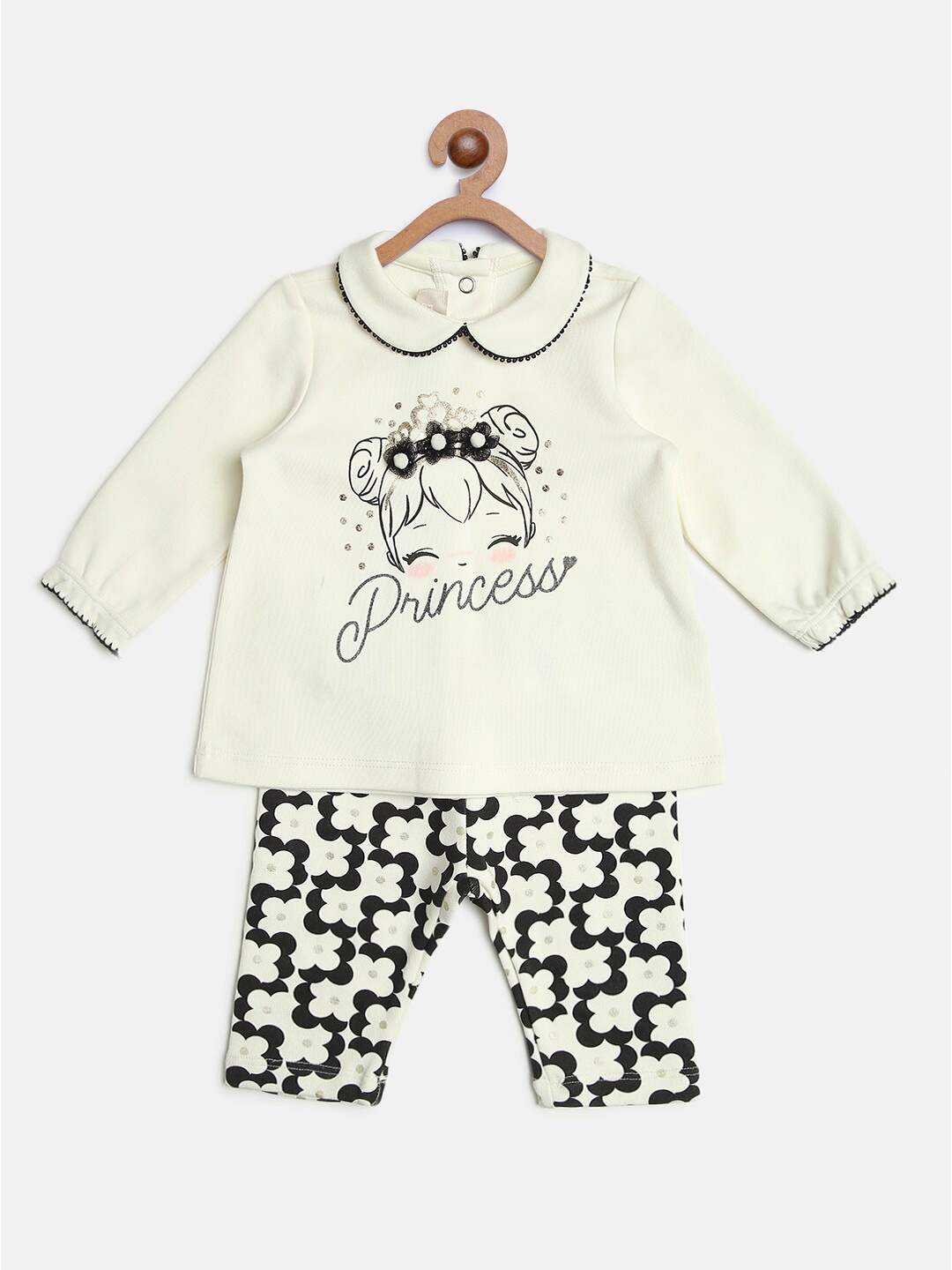 

Chicco Girls Off White & Black Printed Top with Pyjamas