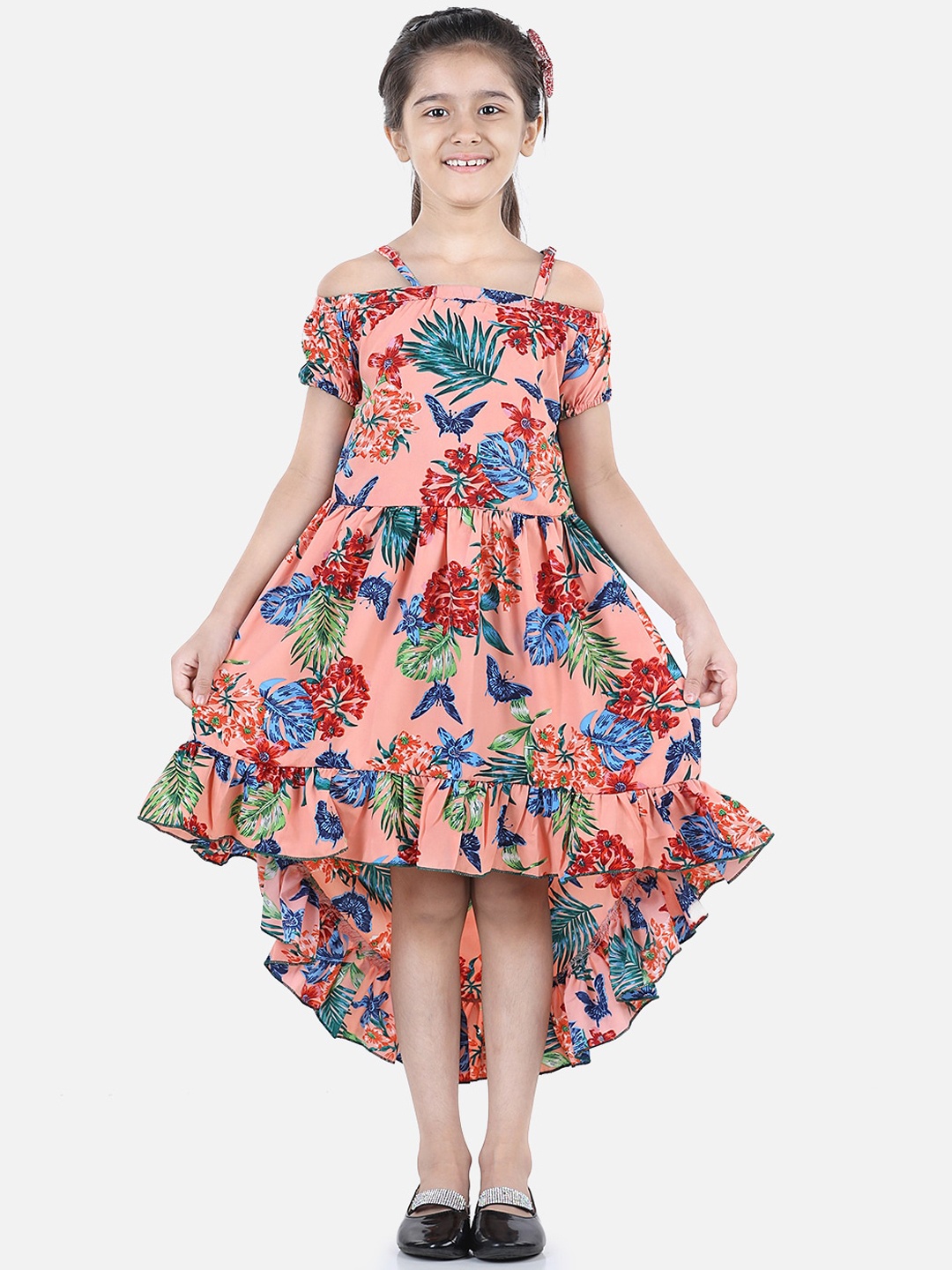 

Cutiekins Girls Peach-Coloured Floral Crepe Midi Dress