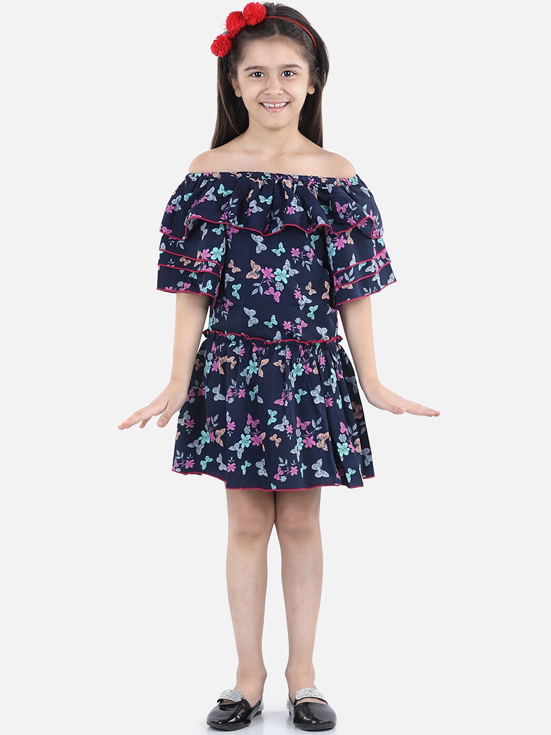 

Cutiekins Navy Blue Floral Off-Shoulder Crepe Dress