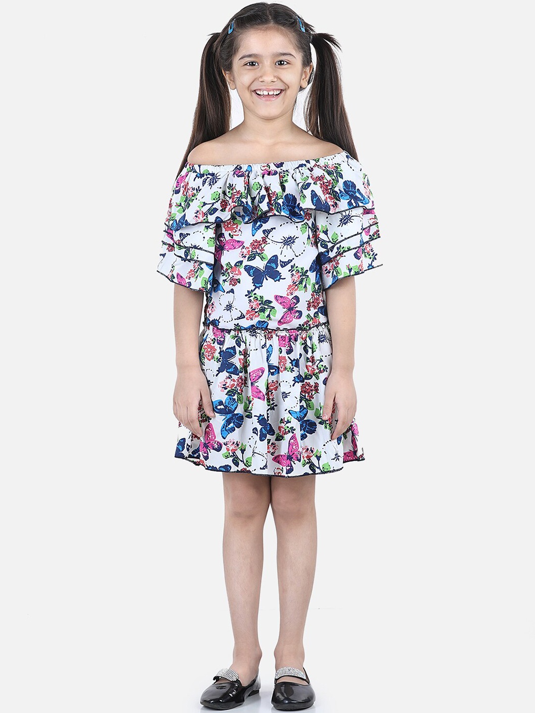 

Cutiekins Girls White Floral Off-Shoulder Crepe A-Line Dress