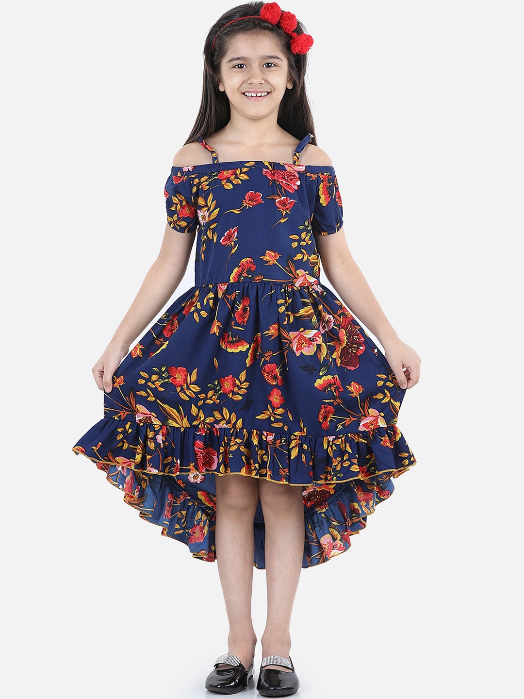 

Cutiekins Girls Navy Blue & Red Floral Printed High-Low Crepe Midi Dress