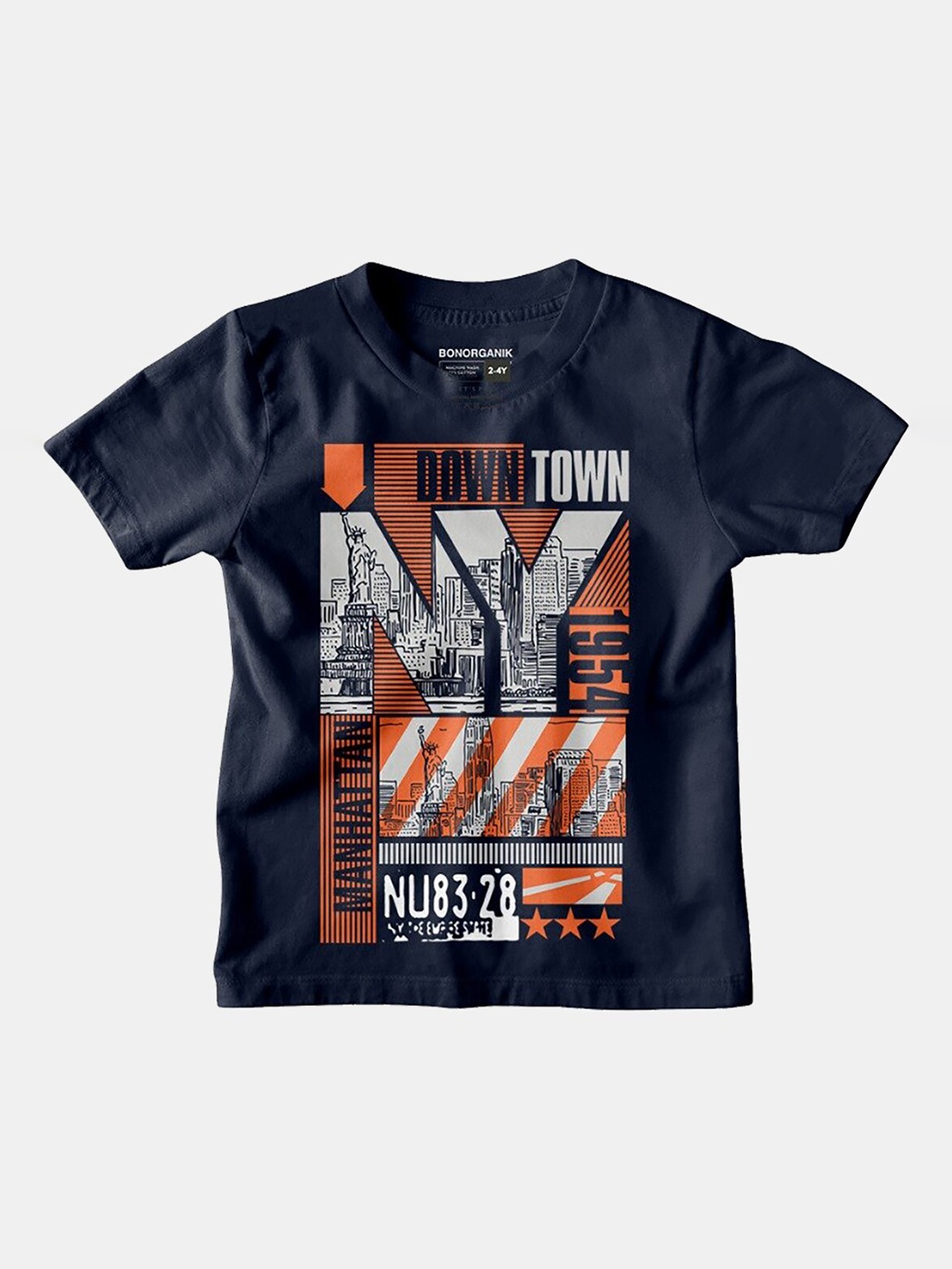 

BonOrganik Boys Navy Blue Typography Print Cotton T-shirt