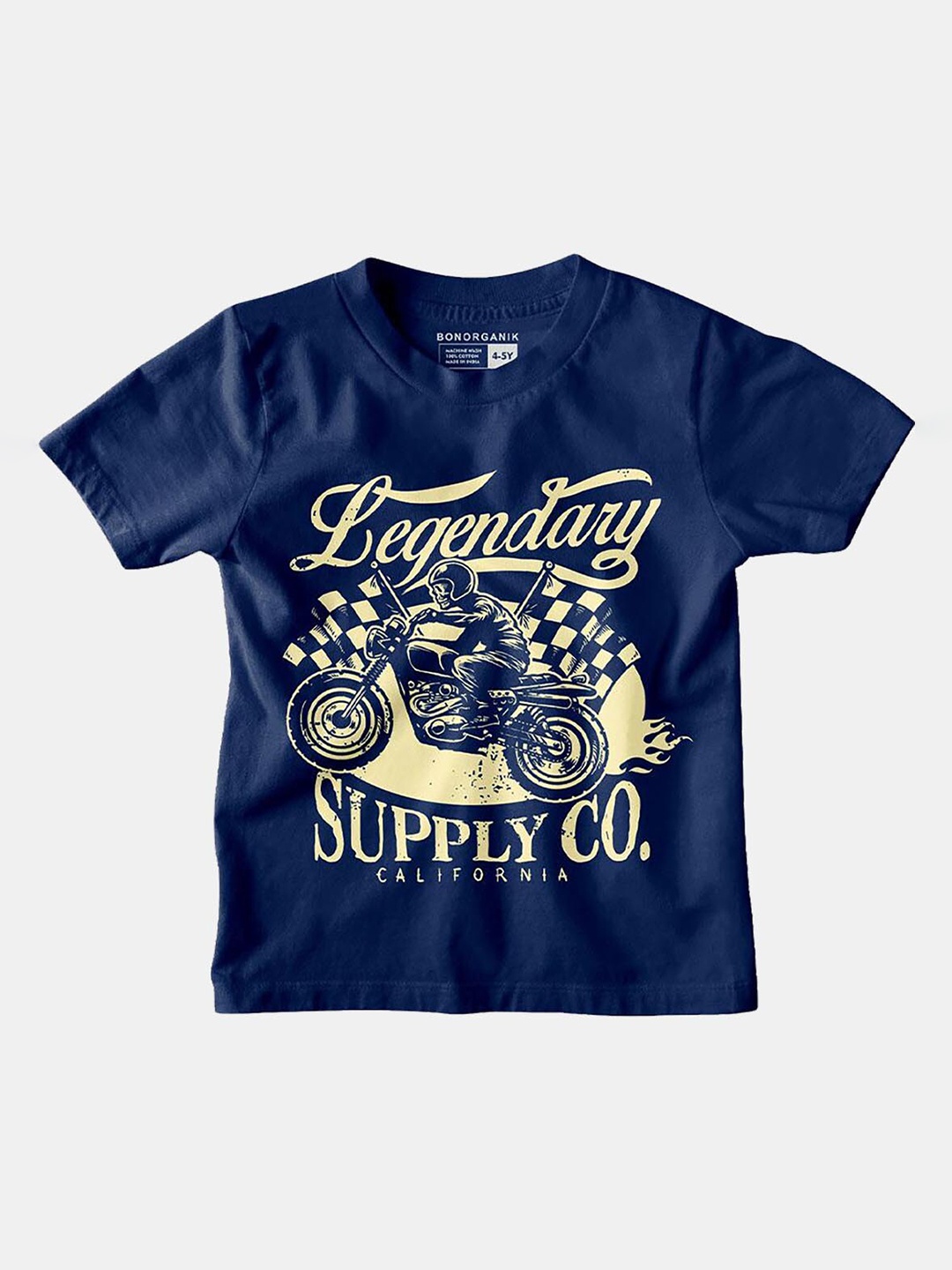 

BonOrganik Boys Navy Blue Biker Printed Raw Edge T-shirt