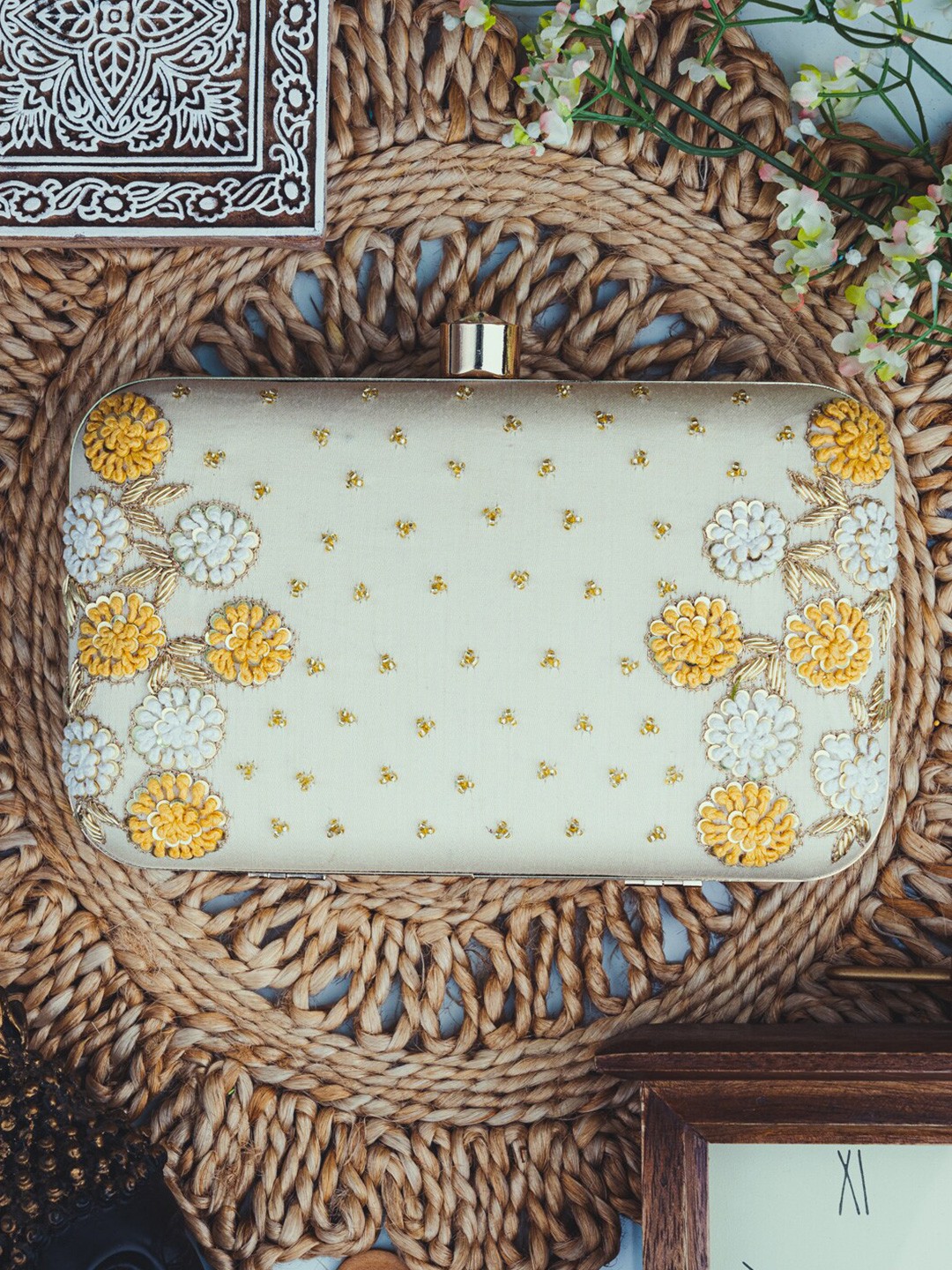 

NR By Nidhi Rathi Beige Embroidered Box Clutch