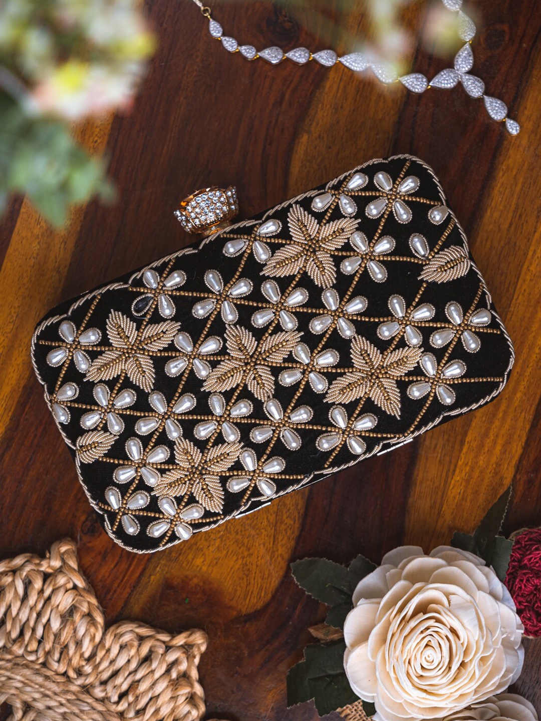 

NR By Nidhi Rathi Black & Black Embroidered Box Clutch