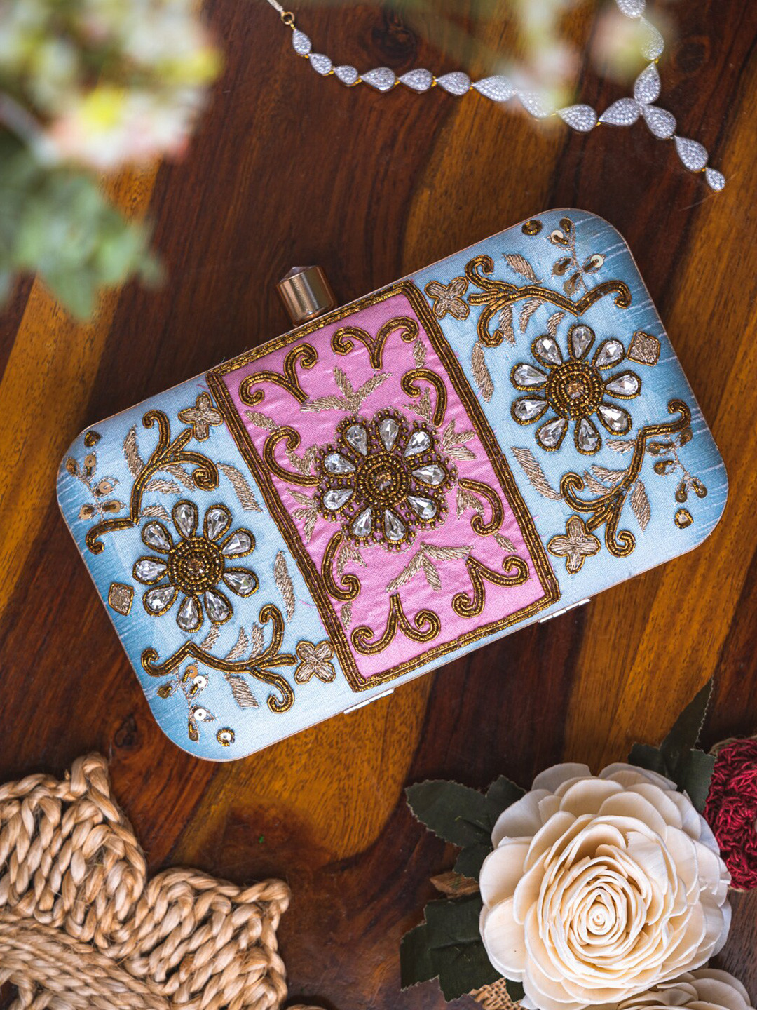 

NR By Nidhi Rathi Women Turquoise Blue& Pink Embroidered Clutch