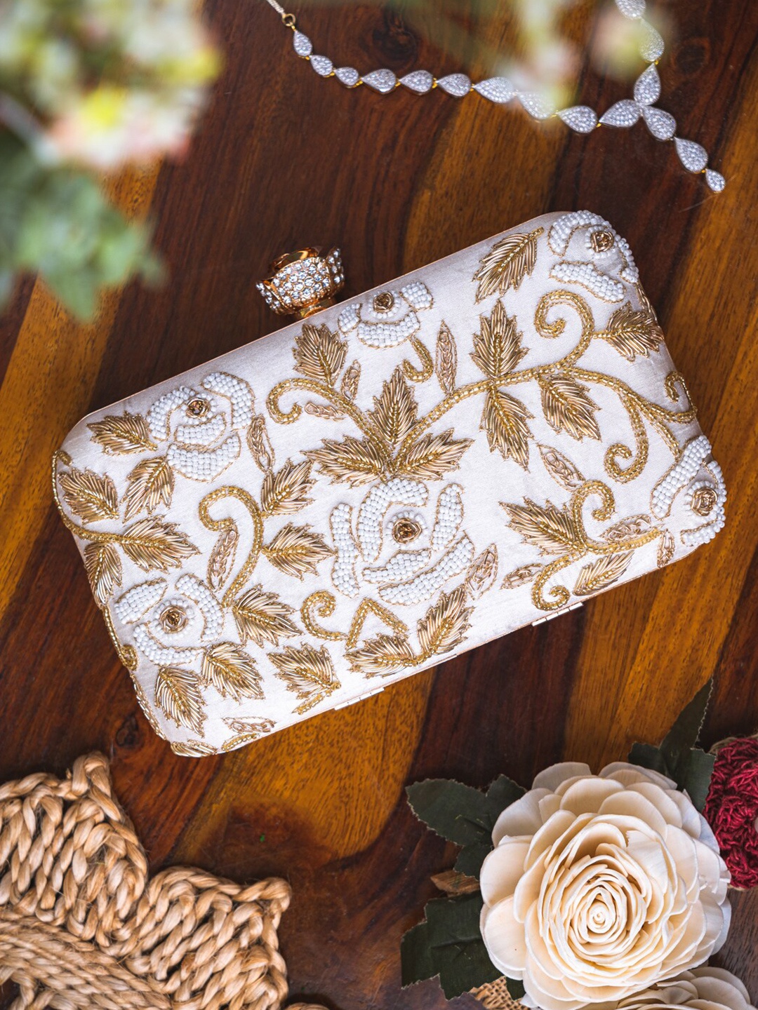 

NR By Nidhi Rathi White & Gold-Toned Hand Embroidered Embellished Box Clutch