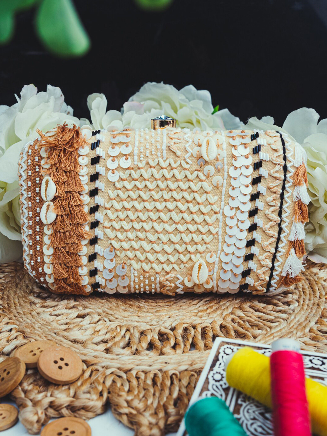 

NR By Nidhi Rathi Beige & White Embroidered Box Clutch