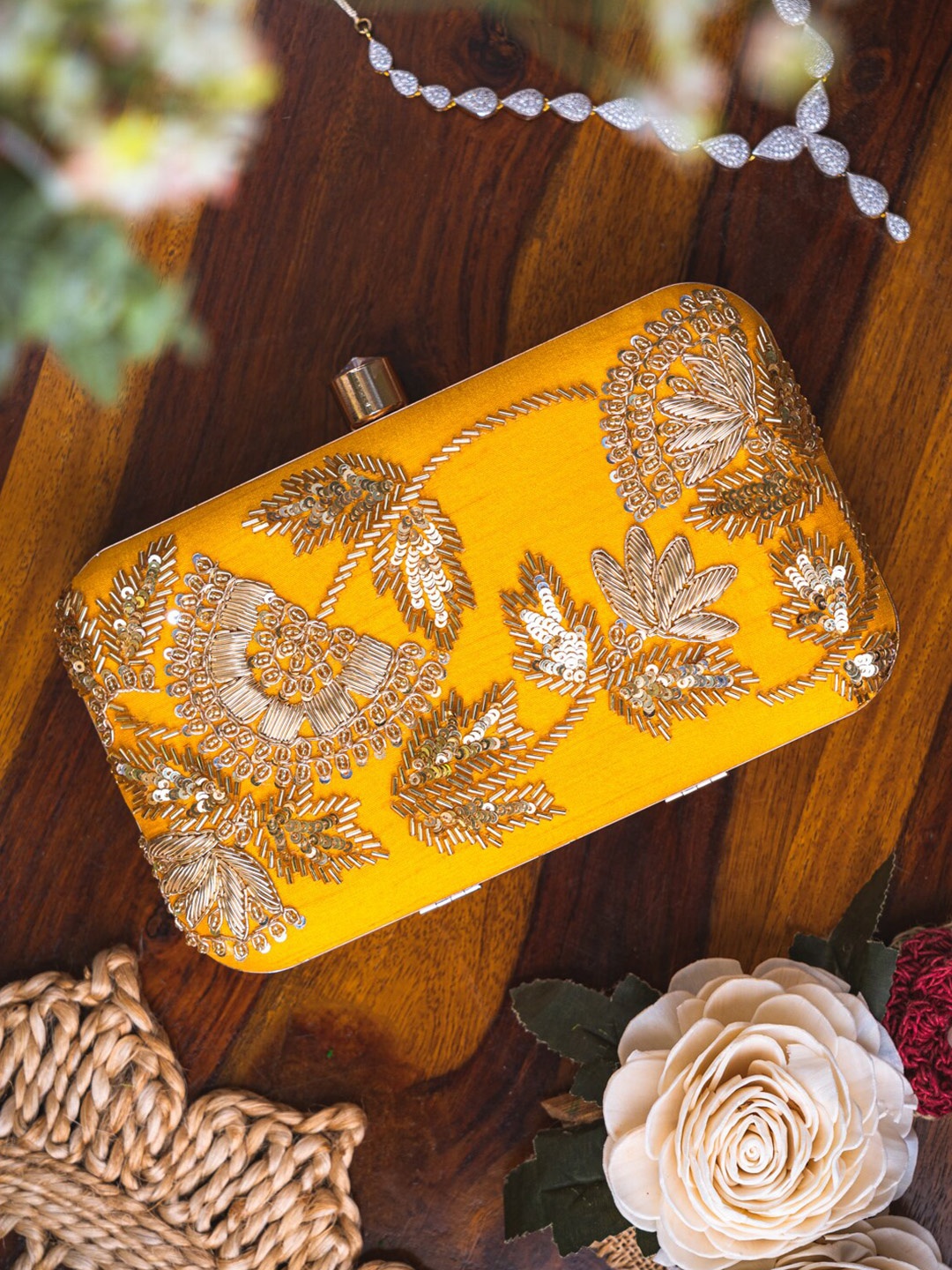 

NR By Nidhi Rathi Women Yellow & Gold Embroidered Clutch