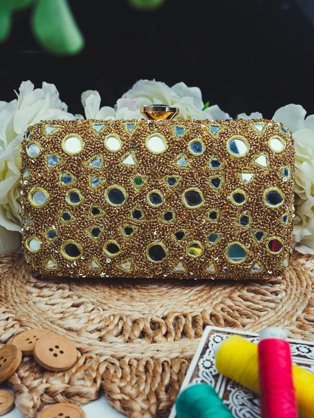 

NR By Nidhi Rathi Gold-Toned Embroidered Embellished Box Clutch