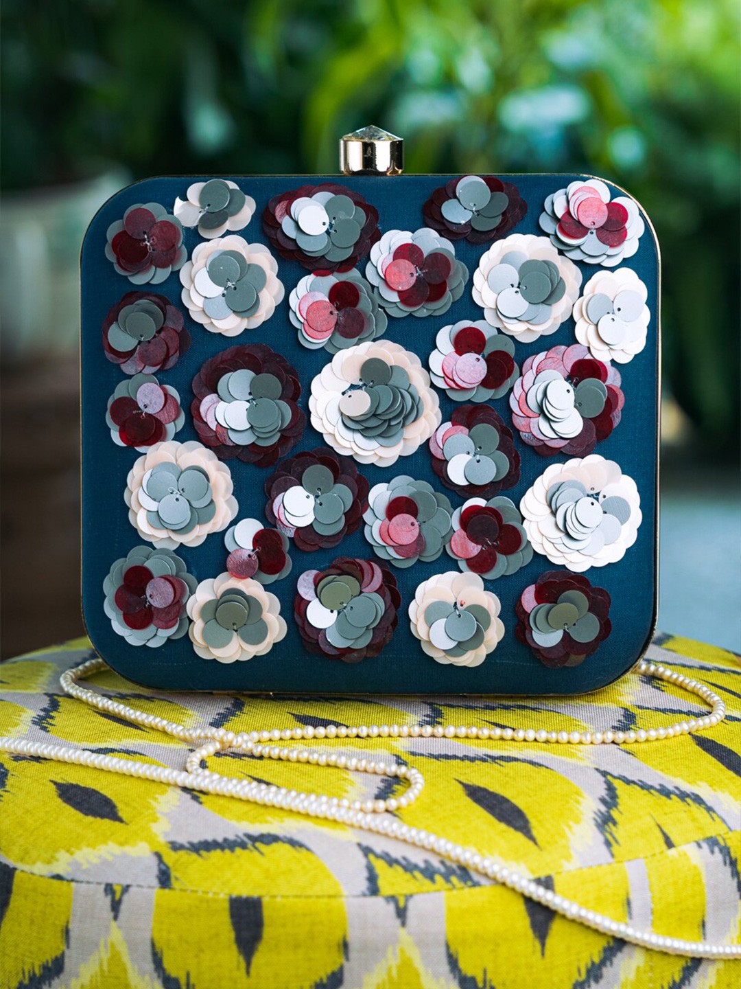 

NR By Nidhi Rathi Blue & White Embroidered Box Clutch