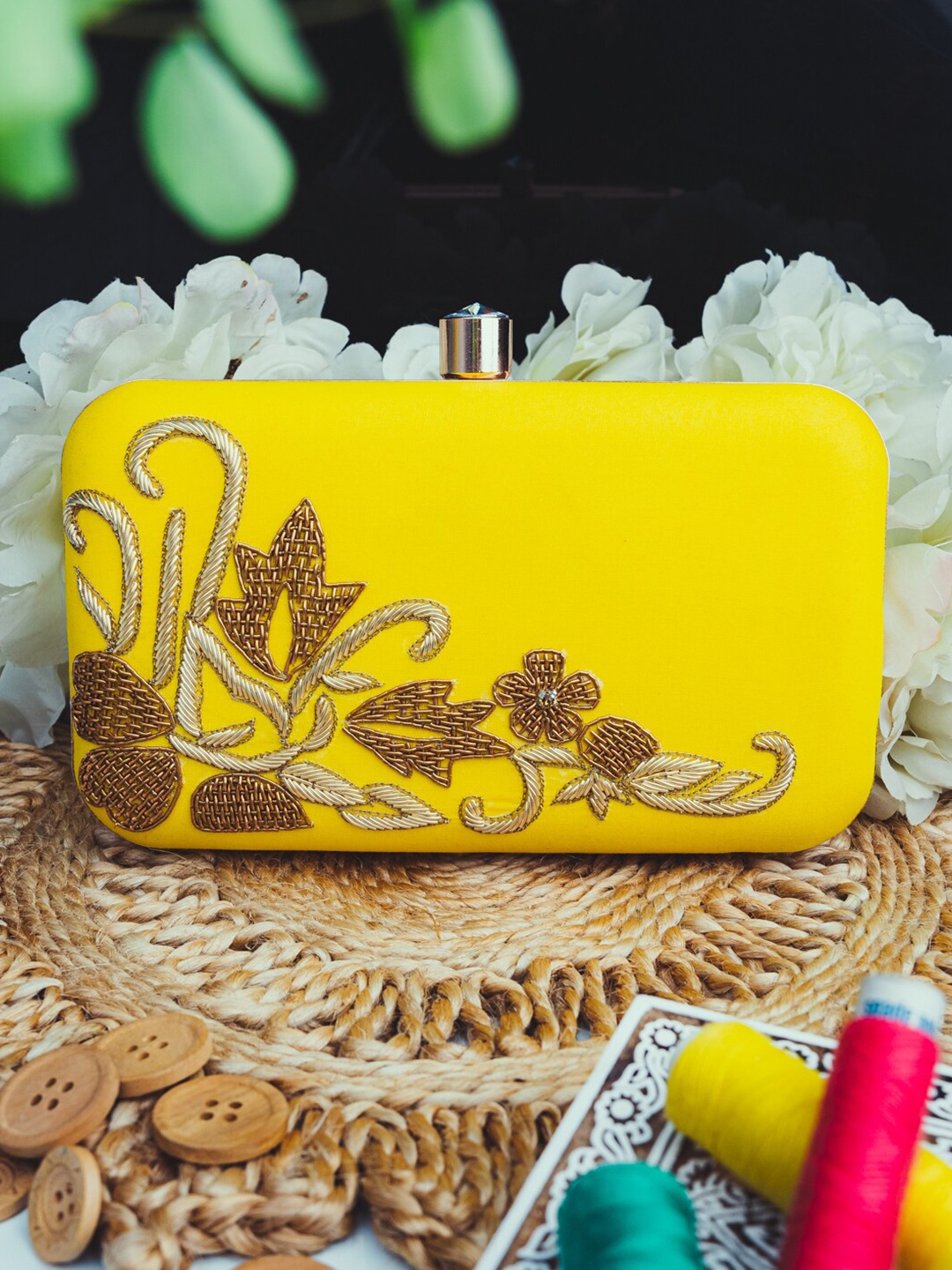 

NR By Nidhi Rathi Yellow & Gold-Toned Embroidered Box Clutch