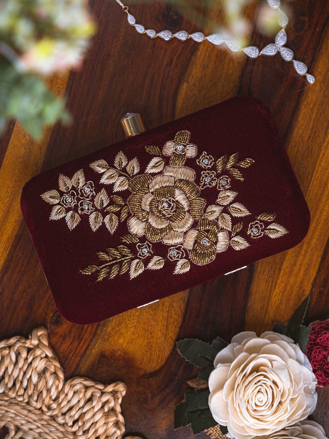 

NR By Nidhi Rathi Maroon & Gold-Toned Embroidered Box Clutch