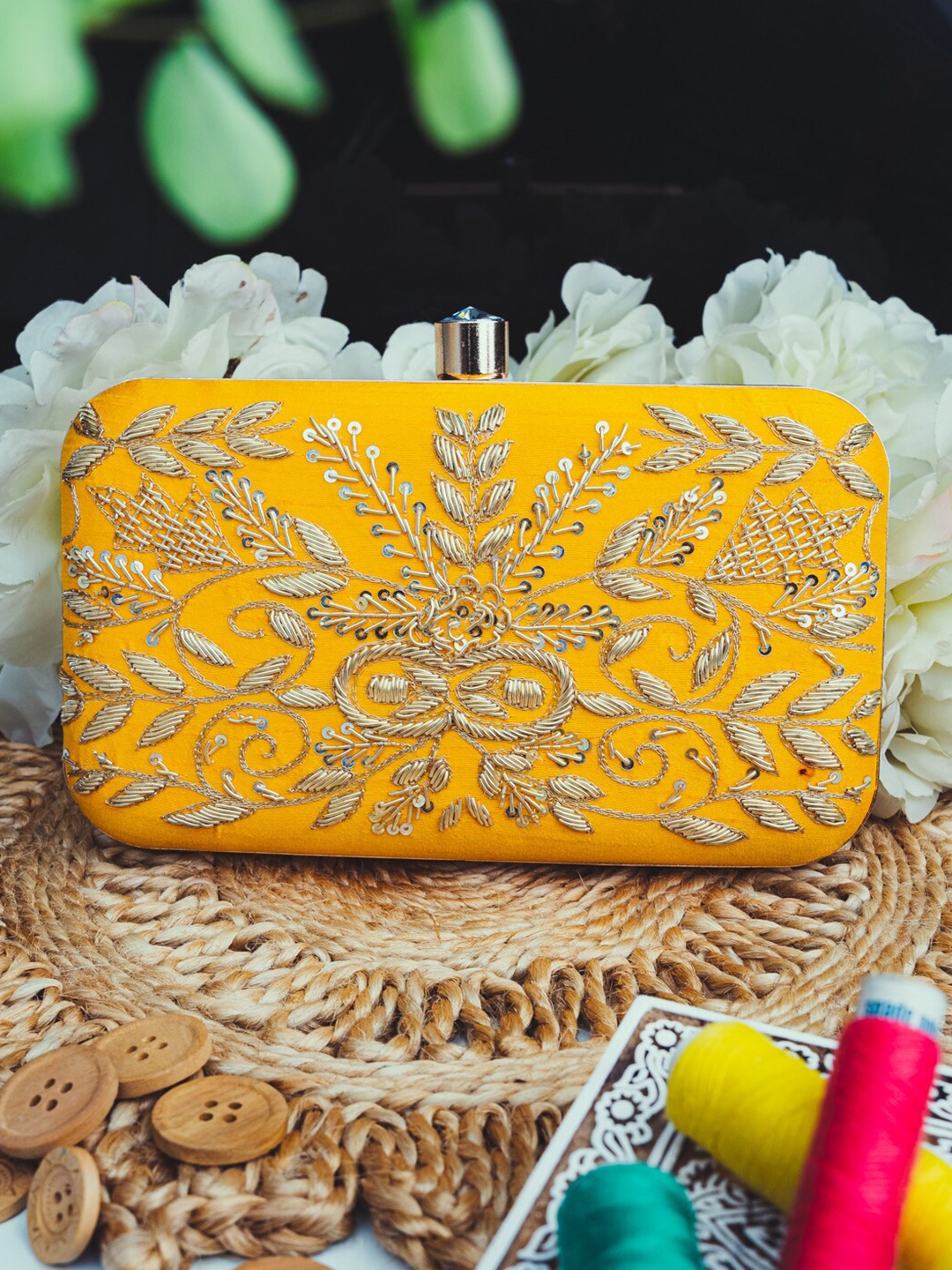 

NR By Nidhi Rathi Yellow & Gold-Toned Embroidered Embellished Box Clutch
