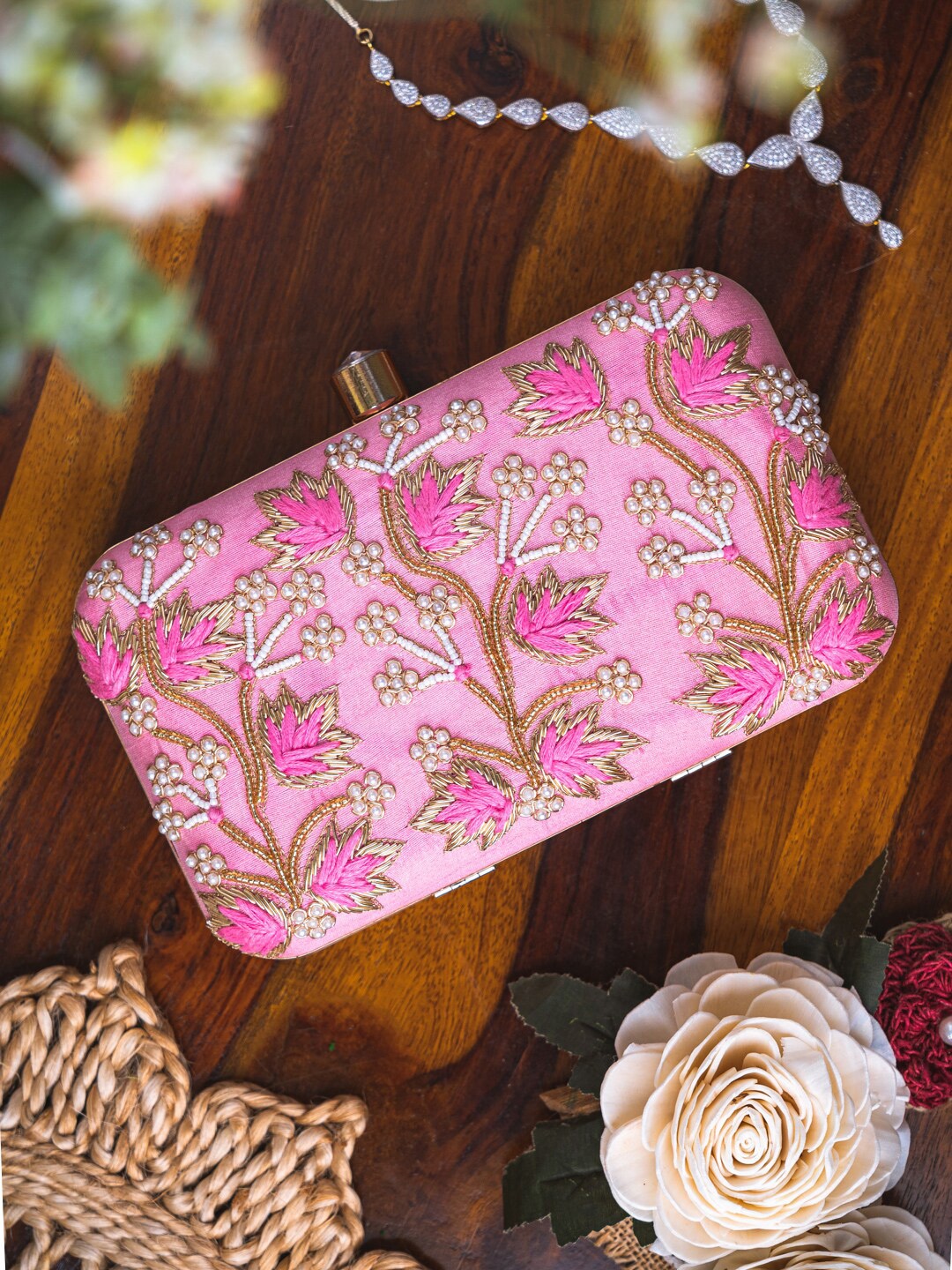 

NR By Nidhi Rathi Women Pink & Gold-Toned Hand Embroidered Box Clutch