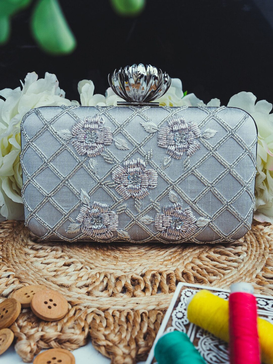 

NR By Nidhi Rathi Women Silver Embroidered Clutch