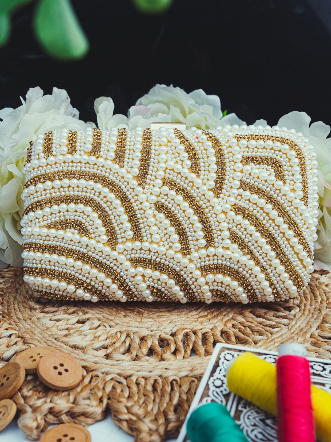 

NR By Nidhi Rathi Gold-Toned & White Embellished Box Clutch